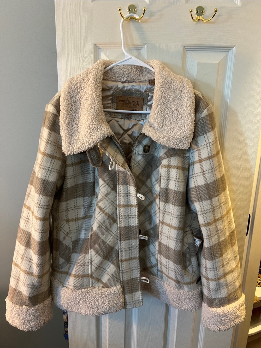 Powder River Outfitters Cream & Taupe Plaid Wool Jacket with Sherpa Collar; XL